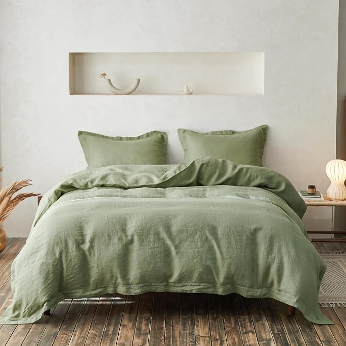Simple&Opulence 100% Linen Duvet Cover Set with Crossed Embroidery Washed - 3 Pieces (1 Duvet Cover with 2 Pillow Shams) Soft Breathable Farmhouse - Sage Green, Queen Size