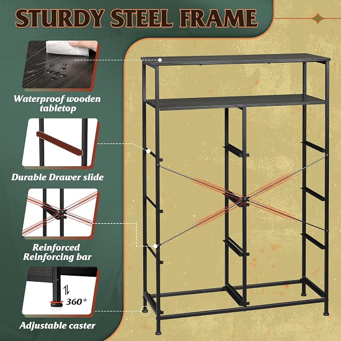 WLIVE 8 Drawer Fabric Dresser Open Shelves, Tall Bedroom Chest, Charcoal | 8 fabric drawers plus open shelves, steel frame with wood top, great for bedroom closet entryway and dorm storage