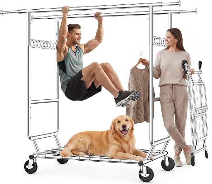 HOKEEPER Clothes Rack Heavy Duty Clothing Rack Load 650 LBS Collapsible | Garment Rack with Wheels Double Rod Clothes Rack for Hanging Clothes Commercial Portable Closet Rack, 2 Packs 22"D*75"W*68"H
