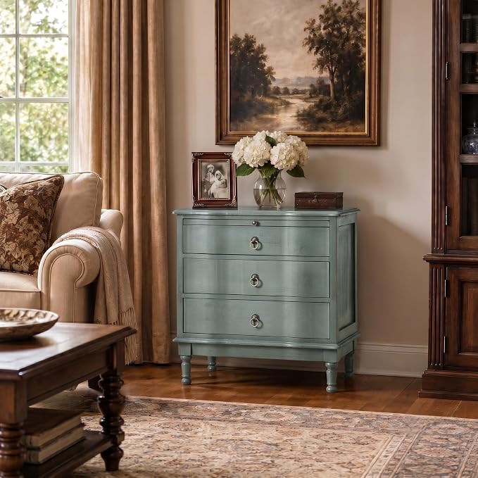 HULALA HOME Solid Wood End Table with Charging Station, 3 Drawer End Table with Pull-Out Tray, USB & Type-C Ports, Traditional Curved Front Accent Side Table for Living Room Sofa, Blue