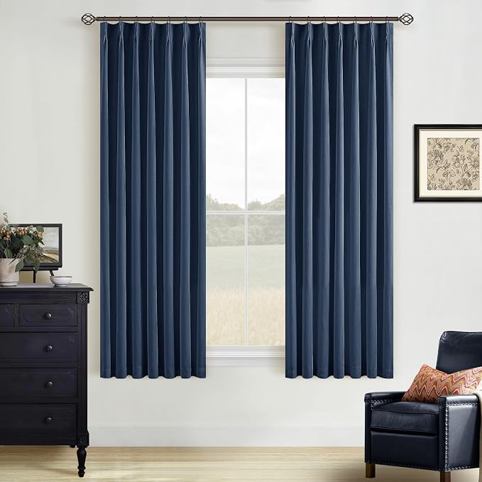 Navy Blue 100% Blackout Pinch Pleated Linen 63 Inch Curtains with Liner | Memory Trained, Thermal Insulated, Heat Blocking, Black Out Curtains for Small Window Dining Room Bedroom 2 Panels W40xL63