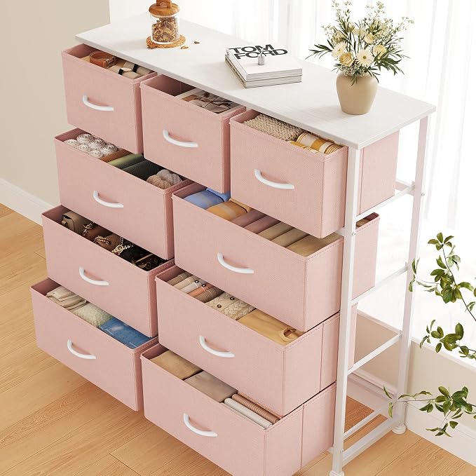 DUMOS 9 Drawer Dresser for Bedroom, Storage Organizer Chest of Drawers | Fabric Bins Storage Tower with Sturdy Metal Frame, Wood Tabletop for Closet, Pink