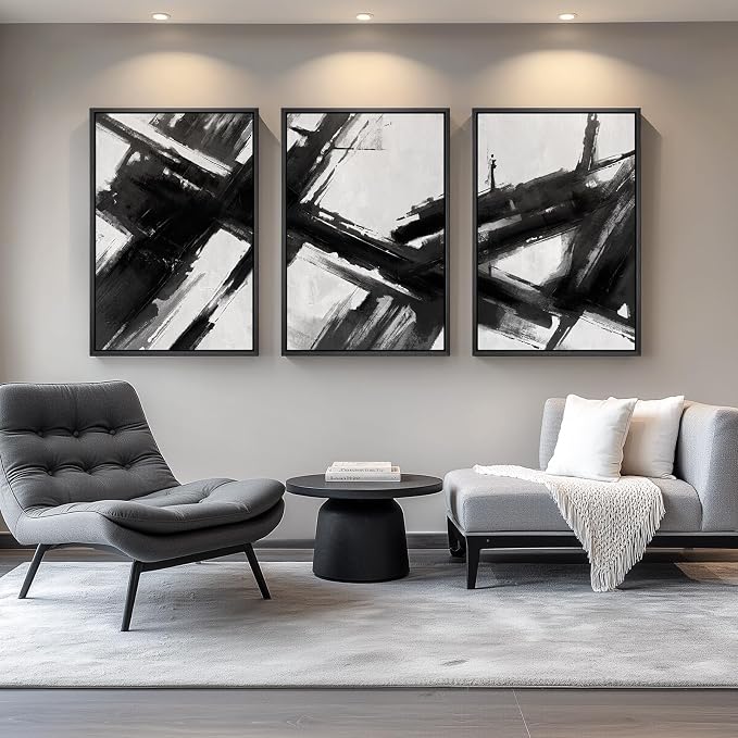 Large Framed Black and White Abstract Canvas Wall Art for Living Room | 3 Piece Modern Prints Paintings, Minimalist Artwork, Abstract Brushstroke Pictures, Hallway Dining Office Wall Decor 24x36 In