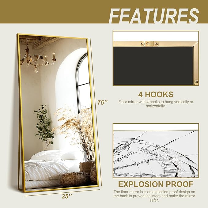 Full Length Mirror with Stand, 75x35 Gold Floor Mirror | Aluminium alloy frame with HD float glass for distortion-free reflection. Free standing or wall mounted.