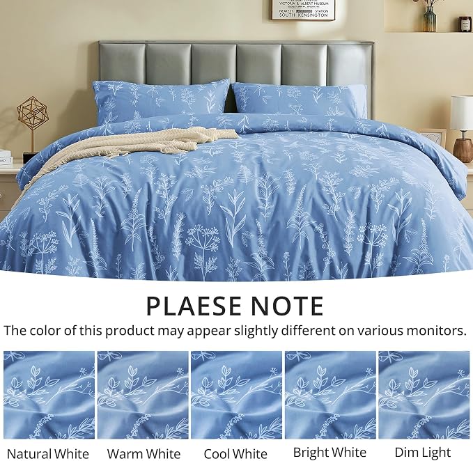 MUXHOMO Duvet Cover Full Size, Reversible Floral Ice Blue Duvet Cover Set with Zipper Closure, 3 Pieces Botanical Patterns Soft Microfiber Bedding Set with 4 Ties (80"x90", 2 Pillow Cases)