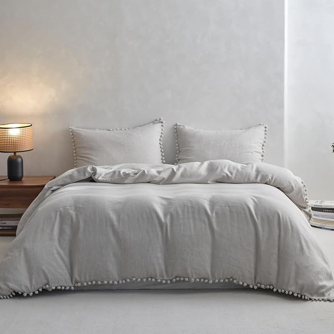 Simple&Opulence French Linen Blended Duvet Cover Queen, Flax Viscose Derived from Bamboo Bedding Set with Pom Pom Trim Soft Cooling for Hot Sleepers, 1 Boho Comforter Cover and 2 Pillow Shams, Linen