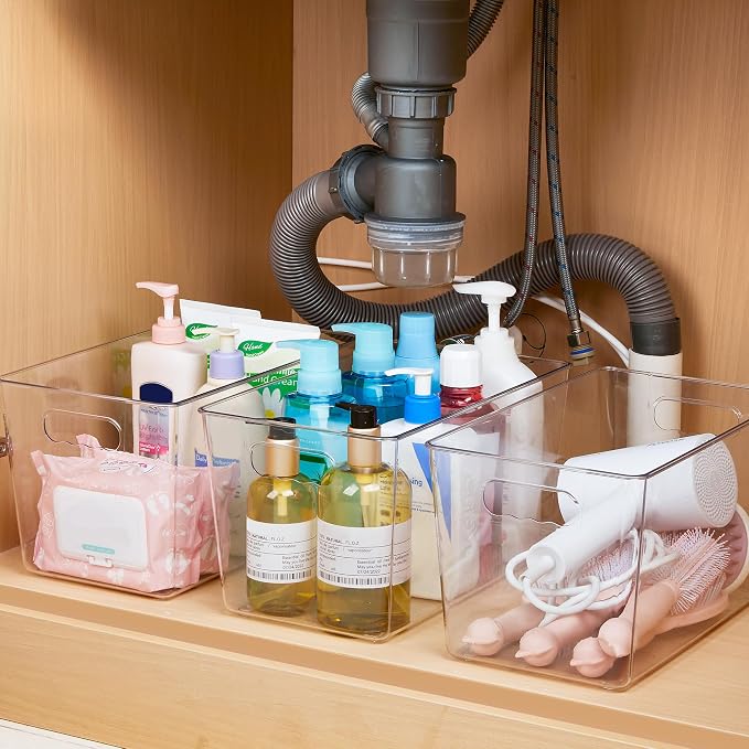 YIHONG 8 Pack Clear Storage Bins, Pantry Organizer Bins with Handle, XL | Plastic Bins, Pantry Storage Containers for Kitchen, Freezer, Cabinet, Closet, Bathroom, Under Sink Organizers and Storage