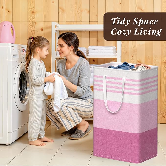 WOWBOX 2 Pack Laundry Baskets, Collapsible Dirty Clothes Laundry Hampers | with Reinforced Handles, Waterproof Coating, 2 Pack for Clean & Dirty Clothes, for Bedroom, Bathroom, Dorm (88L Pink)