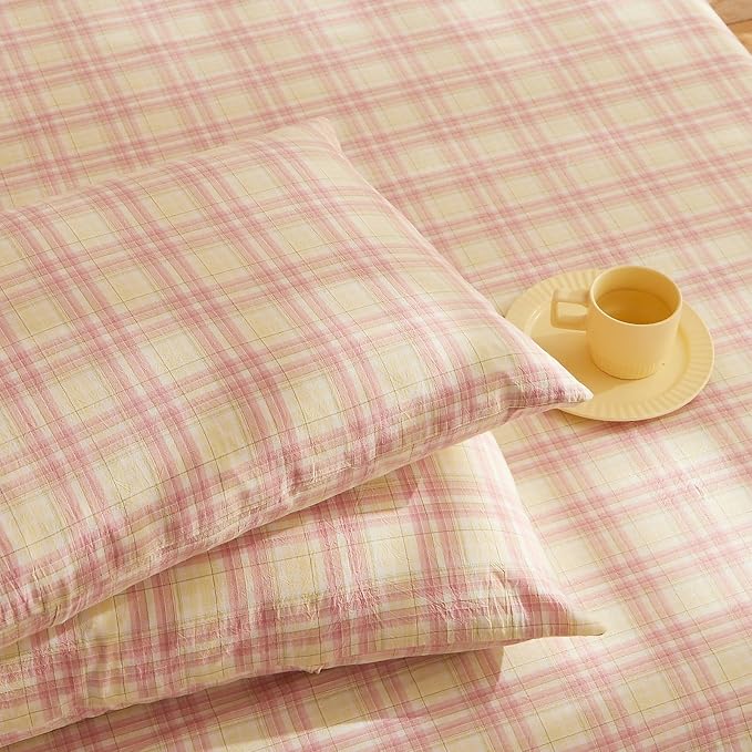 LifeTB Pink & Yellow Plaid Comforter Set Twin XL, Modern Style 3 Piece Gingham Comforter with 2 Pillowcases, Fluffy Soft Farmhouse Grid Bedding Set, Vintage Plaid Checkered Comforter for All Season