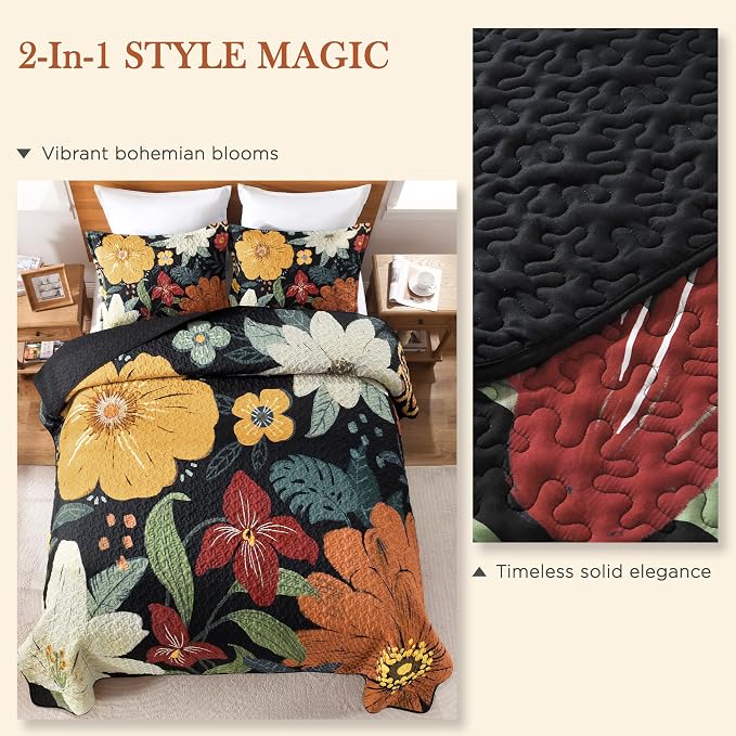 Quilt King Size, Black Floral Boho Summer Bedspread 3 Pieces | Navy Flower Botanical Summer Bedspreads with 2 Shams, Reversible Polyester Coverlet Set for All Seasons, 106"x96"