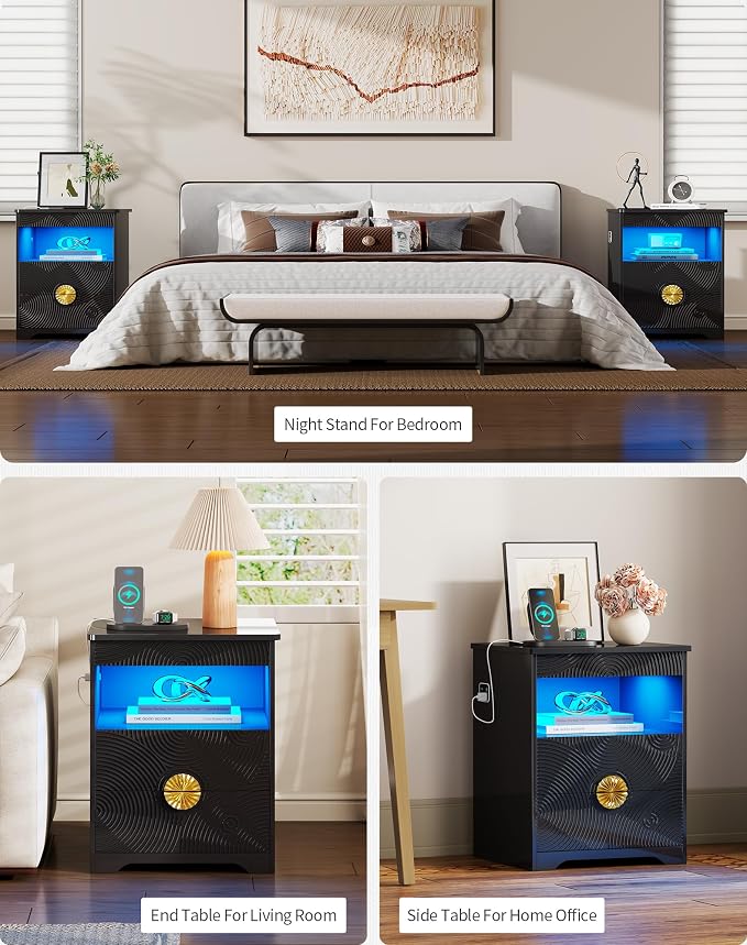 FREDEES LED Nightstand Set 2 with Gun Drawer & Charging Station | 3-Color Lights & Human Body Sensor, Smart Charger Station, 2 DrawersHidden Storage, End Table Bedroom Livingroom