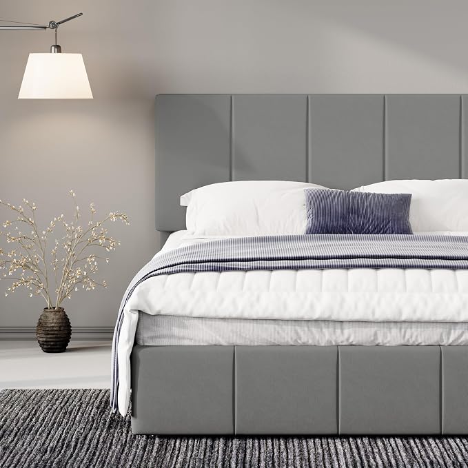 Allewie Full Size Dutch Velvet Upholstered Platform Bed Frame/Vertical Channel Tufted Adjustable Headboard/Low Profile Bed Frame/No Box Spring Needed/Easy Assembly/Grey