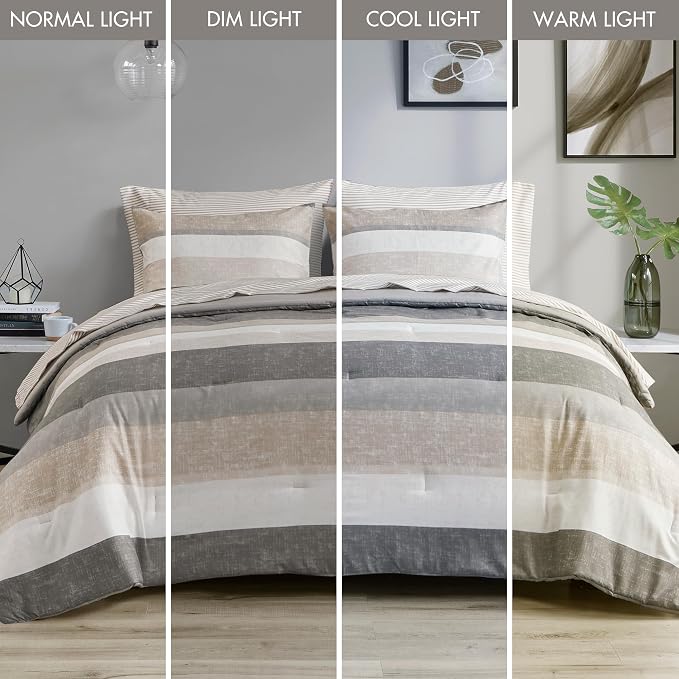 Madison Park Essentials Full Comforter Set, Bed in A Bag Comforter & Sheet Set, Modern Casual Stripes Print, All Seasons, Soft Microfiber Bedding Makeover, Matching Shams, Full Taupe/Grey 7 Piece