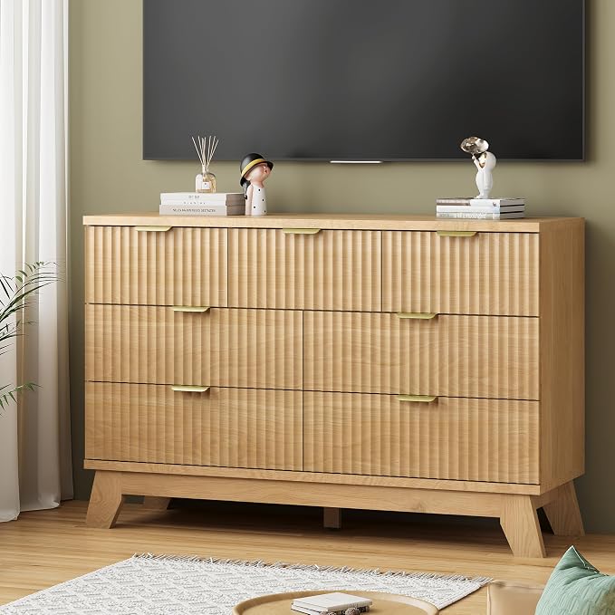 Fluted Dresser for Bedroom with 7 Drawers, 48" Wide Modern Chest of Drawers with Metal Handle, Wood Dresser TV Stand, Wooden Closet Clothes Storage Organizer for Living Room, Hallway, Natural Oak