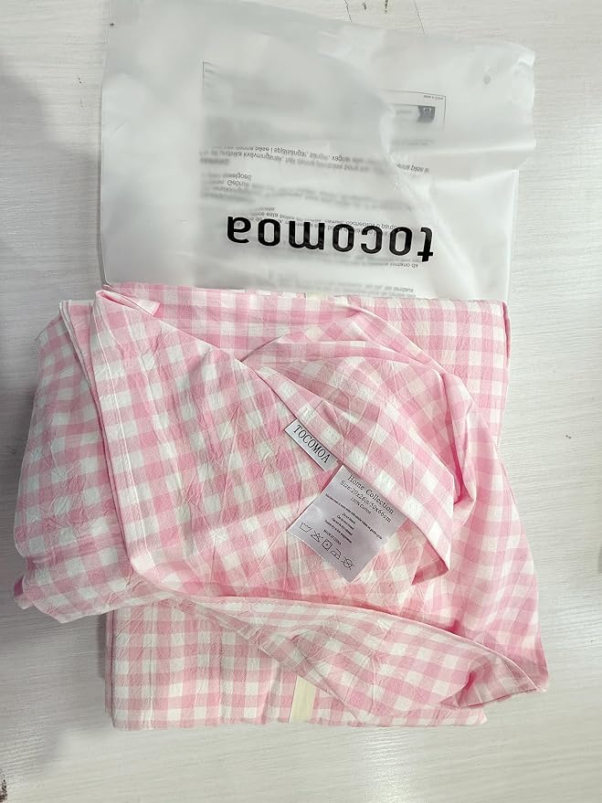 TOCOMOA Pink Gingham Duvet Cover Bedding Set Washed Cotton Like Linen Queen | 100% Washed Cotton Linen-Like Feel Soft, Breathable & Comfy. Lightweight Bedding Set with Zipper & 8 Ties. 3 Pcs, No Insert