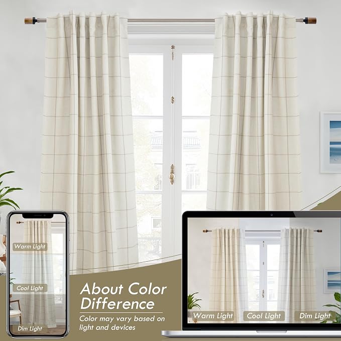 DriftAway 100% Blackout Plaid Linen Curtains 108 Inches Long 2 Panels Taupe | 100% Blackout, Linen Texture, Plaid Pattern, Two Layers, Rod Pocket & Back Tab, Bedroom Living Room Use, Luxury Appearance