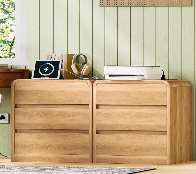 TEENFON Nightstands Set of 2, Night Stand with 3 Storage Drawer and Charging Station, Modern End Tables Wide Night Stands for Bedroom Sofa Couch Home Office, Natural