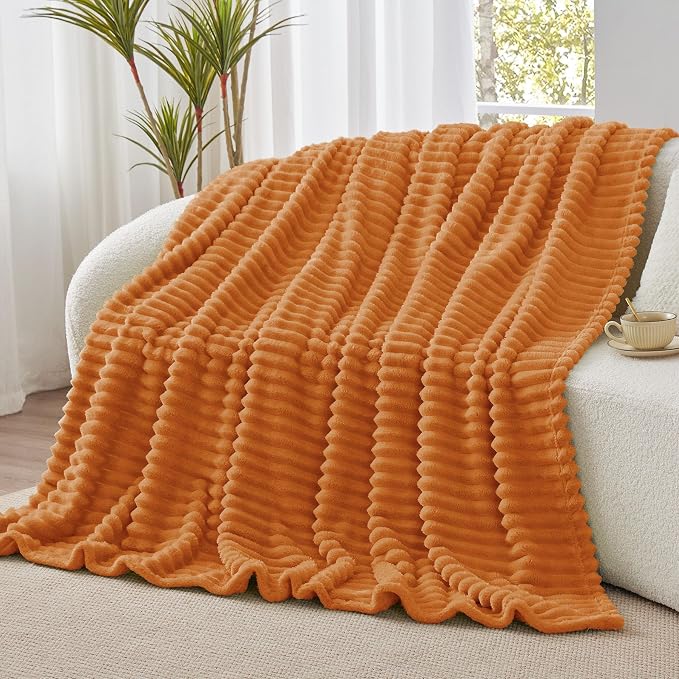 BEDELITE Ribbed Fleece Fall Throw Blanket, Burnt Orange, 50"x60" | Soft Cozy Blanket, 3D Ribbed Design, Autumn Home Decor Accent, Lightweight Throw for Couch, Bed, Halloween & Thanksgiving