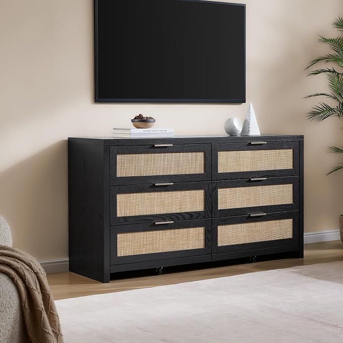 SICOATS Rattan Dressers for Bedroom Set 2, Large 6 Drawer Dresser | Long Chest of Drawers, Dresser Farmhouse TV Stand for Bedroom, Living Room, Nursery, Closet, Black Oak, 2 Pieces
