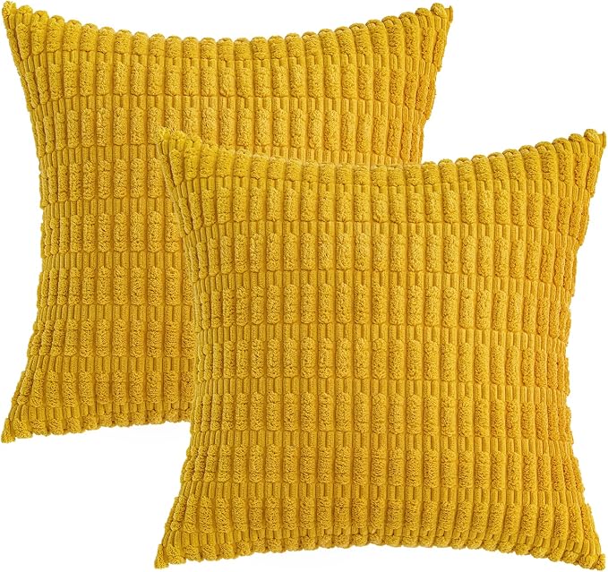 MIULEE Euro Corduroy Decorative Throw Pillow Covers 24x24 Mustard Yellow | Pack of 2 Sham Soft Boho Striped Pillow Covers Modern Farmhouse Home Decor For Sofa Living Room Couch Bed