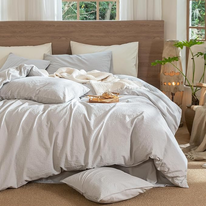 MooMee Wavy Striped Duvet Cover Set 100% Washed Cotton Linen Like Textured Breathable Durable Soft Comfy (Light Grey, Queen 90"x90")