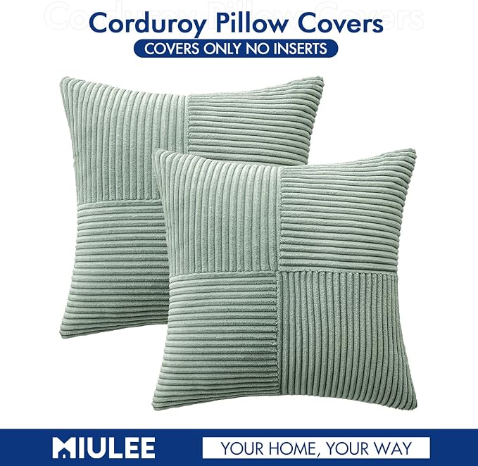 MIULEE Greyish Green Decorative Throw Pillow Covers 16x16 Inch for Couch Bed Sofa Spring Decor Pack of 2 Boho Farmhouse Throw Pillows Soft Cross Corduroy Patchwork Textured Cushion Cases
