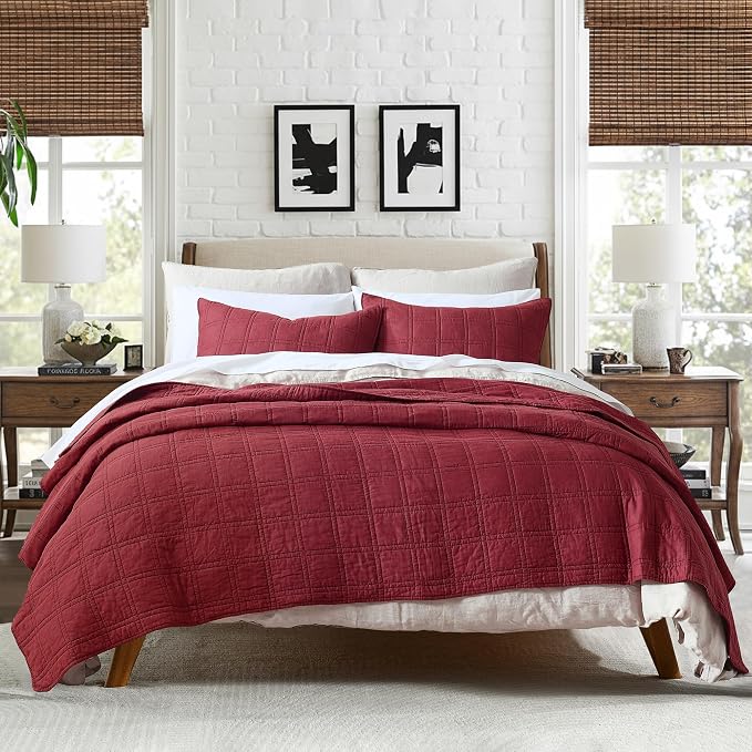 HORIMOTE HOME 100% Cotton Quilt Set Queen Size, Burgundy Pre-Washed Bedspreads Coverlet Set in Geometric Pattern, Cozy Lightweight Stitching Decorative Bedding Cover with 2 Shams for All Season