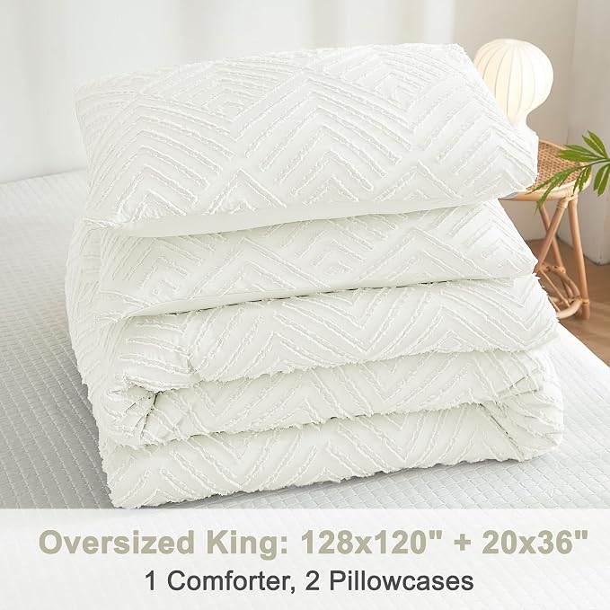 Litanika Oversized King Comforter Set, 3 Pcs Ivory Tufted Boho Bedding Set | Farmhouse Shabby Chic Vintage Bohemian Textured Aesthetic Soft Fluffy Lightweight Breathable All Season Bed Set