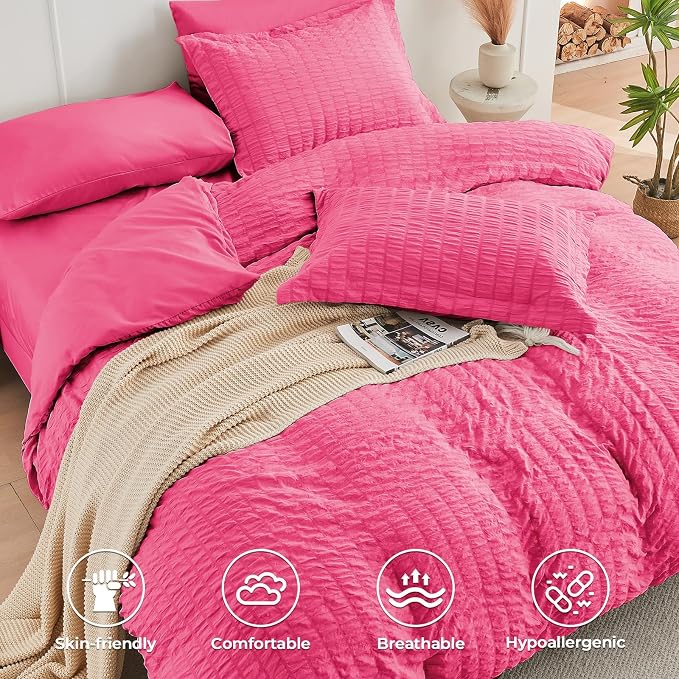 HYMOKEGE Hot Pink Duvet Cover Full Size, Ultra Soft 3-Piece Seersucker Duvet Cover Set with Zipper Closure, Soft Brushed Microfiber Bedding Set with 8 Corner Ties (80"x90", 2 Pillowshams)