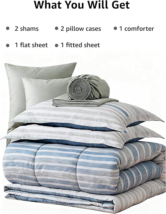 Monbix Full Size Comforter Sets - 7 Pieces Bed in a Bag Full Bedding Set | All Season Royal Blue Striped Reversible Soft Comforter Bed Set with Sheets, Pillowcases & Shams