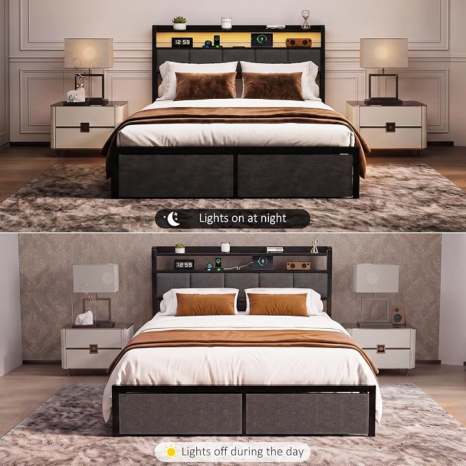 Full Bed Frame with 2 Storage Drawers, Platform Bed with LED Lights & Charging Station, Upholstered Headboard with 2-Tier Shelves, Heavy Duty Metal Sltats, No Box Spring Needed, Noise Free