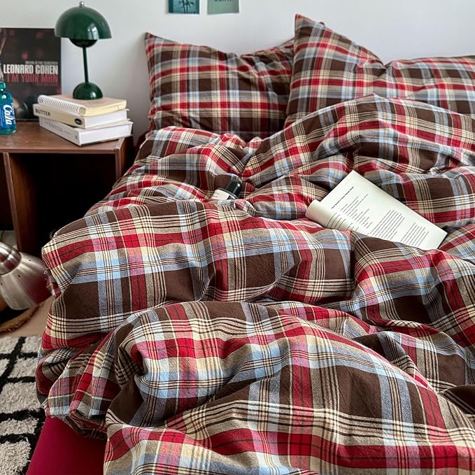 Vintage Buffalo Plaid Comforter Set King Size, 3 Pieces Red Brown Checkered Grid Comforter with 2 Pillowcases, Soft Fluffy Breathable Plaid Printed Gingham Bedding Comforter Set for All Seasons