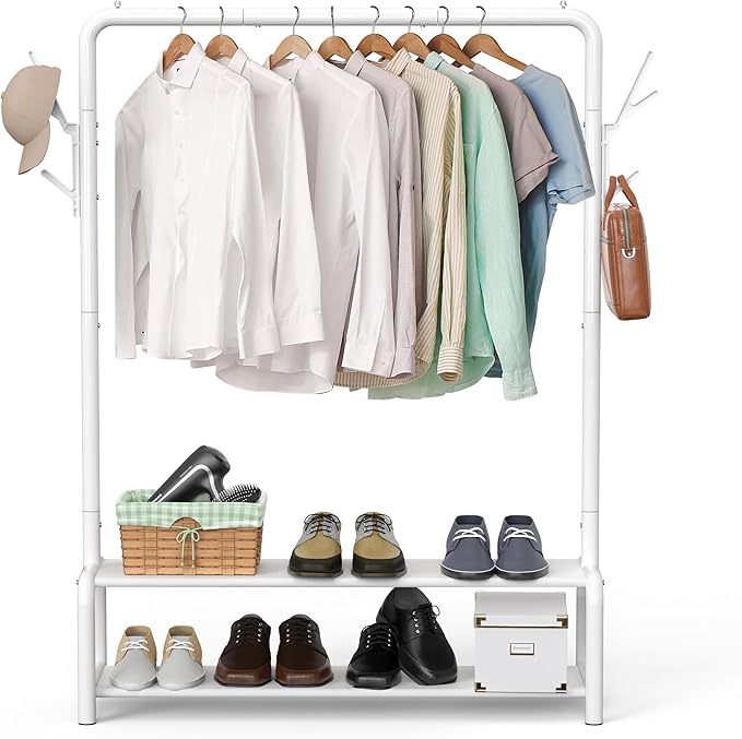 Simple Houseware 52" W Freestanding Closet Garment Rack with Shelves, White | With 600D Fabric Shelves, Hanger Stoppers, and Hooks for Coat & Hat