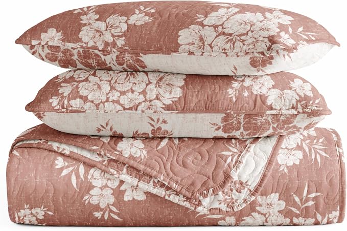 Merit Linens 3 Piece Quilt Set - Super Soft - Lightweight - All Season Quilted Coverlet - Timeless Patterns - Full/Queen Terracotta