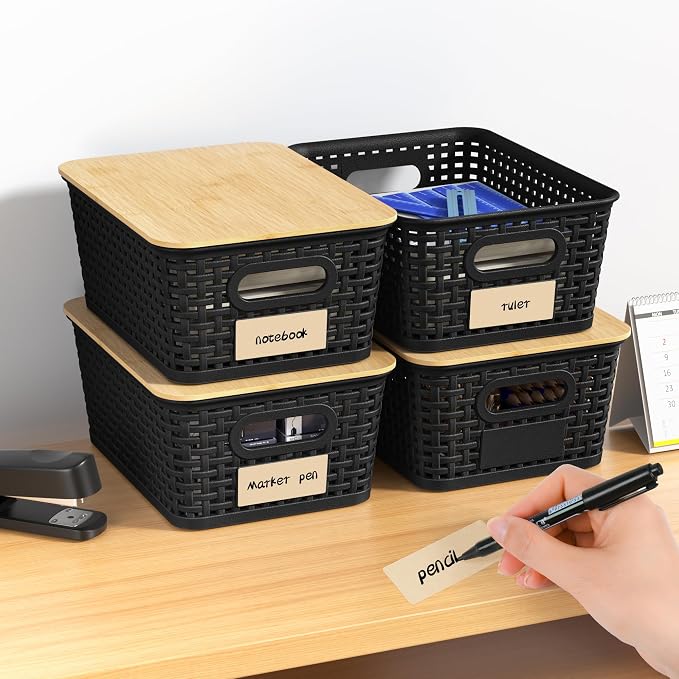 6 Pack Plastic Storage Baskets, Black bamboo lid storage Box | Labels, Stackable, For Organizing Shelves Pantry Drawers Desktop Closets Organizing Desktop Closet Playroom Classroom