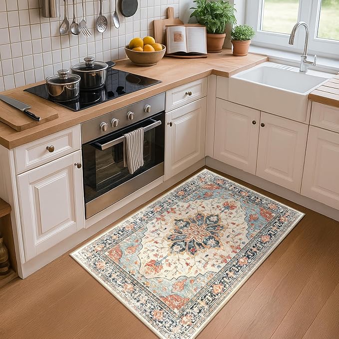 RELEANY Washable Area Rug, Small 2'x3', Beige/Blue/Orange | Non-Slip, Water Repellent, Pet Friendly, Easy to Clean, Vintage Floral Boho Decor for Kitchen Entryway Bathroom