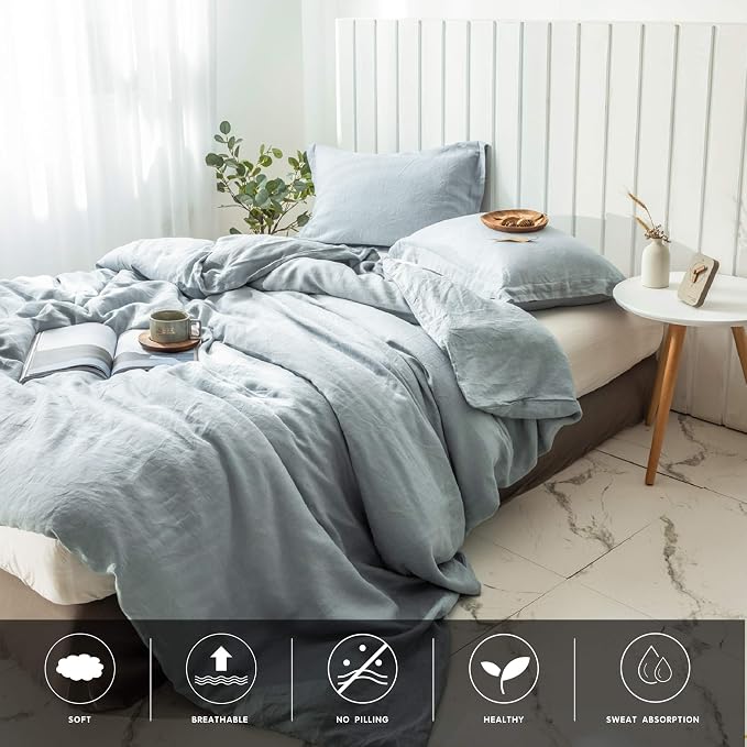 Simple&Opulence 100% Linen Duvet Cover Set 3pcs Basic Style Natural French Washed Flax Solid Color Soft Breathable Farmhouse Bedding with Button Closure - Dusty Blue, Full