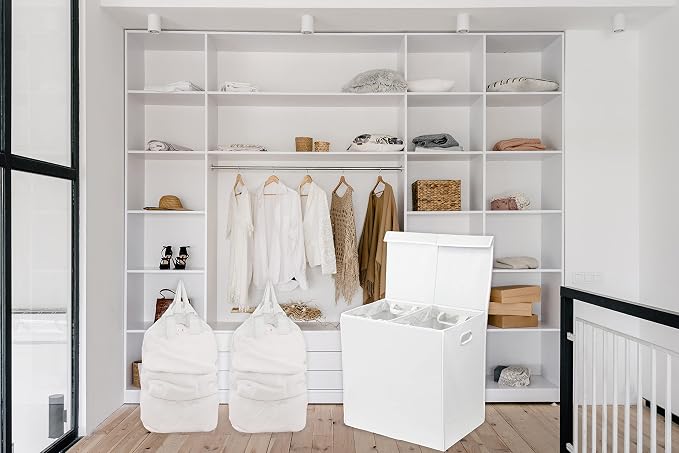 Simple Houseware Double Laundry Hamper with Lid & Removable Bags, White | with Handles for Bedroom, Laundry Room, Bathroom