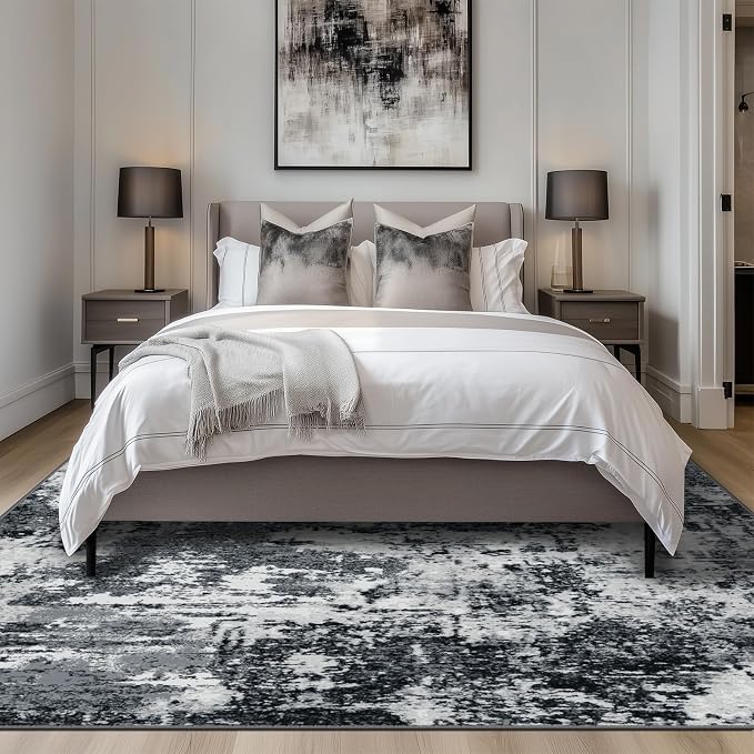 RELEANY Washable Square 7'x7' Area Rug for Living Room Black White | Carpet for Bedroom, Kitchen, Office, Hallway and Entryway, Printed Pattern, Non‑Slip, Soft, Stain‑Resistant, Easy to Clean