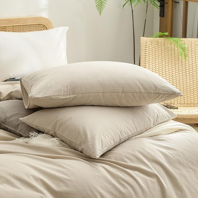 BESTOUCH Cotton Solid Duvet Cover Set Linen Feel Almond Milk Grey Full | 100% Washed Cotton, Soft Wrinkle Texture, Hidden Zipper, 8 Ties, Breathable Lightweight Durable Comfy, 3 Pcs No Insert