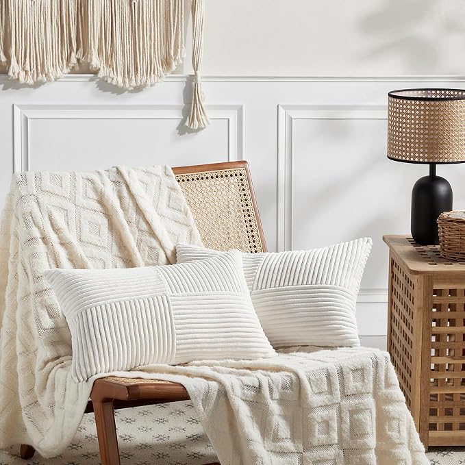 Fancy Homi 2 Packs Cream White Long Lumbar Decorative Throw Pillow Covers 16x24 Inch for Couch Bed Sofa, Rustic Farmhouse Boho Home Decor, Soft Striped Corduroy Rectangle Accent Cushion Case 40x60 cm