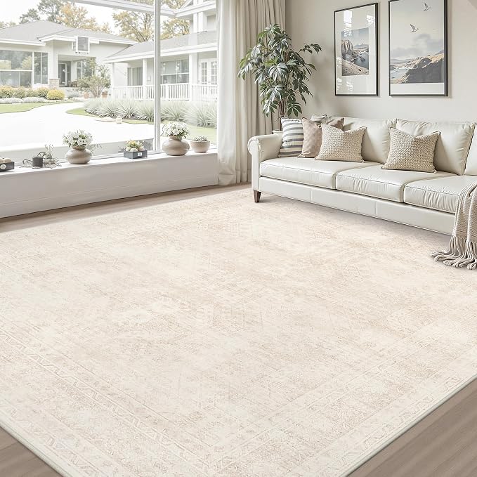 10x14 Area Rugs Living Room: Bedroom Neutral Washable Carpet Beige | Large Vintage Boho Indoor Decor Neutral Soft Nursery Farmhouse Dining Room Office Floor Non-Slip Low Pile Under Table Rug