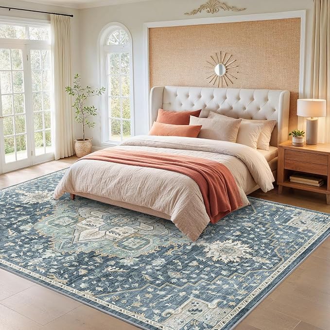 AMADA HOMEFURNISHING Washable Area Rug, Low-Profile Large Area Rug with Non-Slip Backing & Durable Edge Binding, Vintage Large Rugs for Living Room, Bedroom, Dinning Room (8x10, Blue/Yellow)