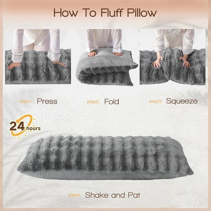 YZ HOME Faux Fur Fluffy Body Pillow for Adults, Soft Support | Firm Body Pillow, Adjustable Support for Side Sleeping, Pregnant Women, Washable cover,Gifts, 20x54 Inch (Grey)