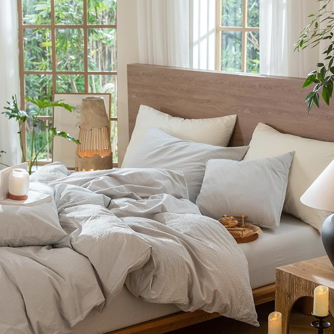 MooMee Wavy Striped Duvet Cover Set 100% Washed Cotton Linen Like Textured Breathable Durable Soft Comfy (Light Grey, Palatial King/Oversized King 120"x98")