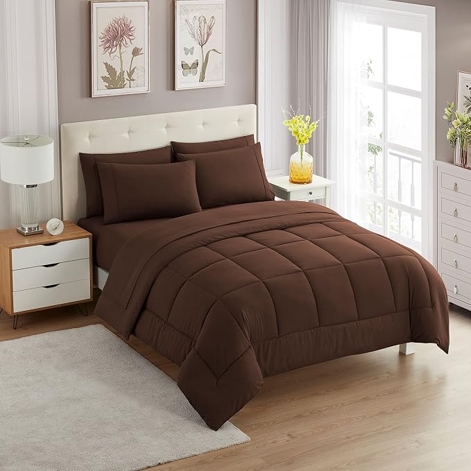 Sweet Home Collection 7 Piece Comforter Set Bag Solid Color All Season Soft Down Alternative Blanket & Luxurious Microfiber Bed Sheets, Brown, Full
