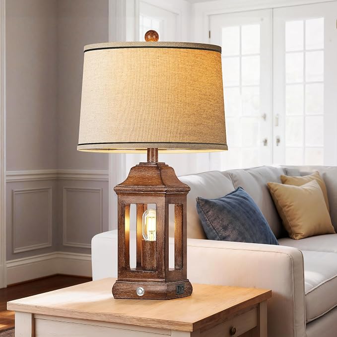24" Rustic Farmhouse Table Lamps for Living Room, Single Pack Touch Dimmable Nightlight Vintage Bedside Lamps with USB A+C Ports & Dual Light Sources for Bedroom Nightstand End Table, Wood Grain