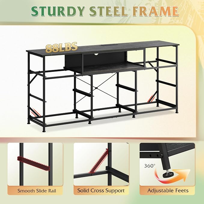 WLIVE Dresser TV Stand for 65 Inch TV, 8 Drawers, LED, Black Wood Grain | Fits TVs up to 65 inch, 8 fabric drawers, Built-in power outlet, Chest of drawers, Living room or bedroom