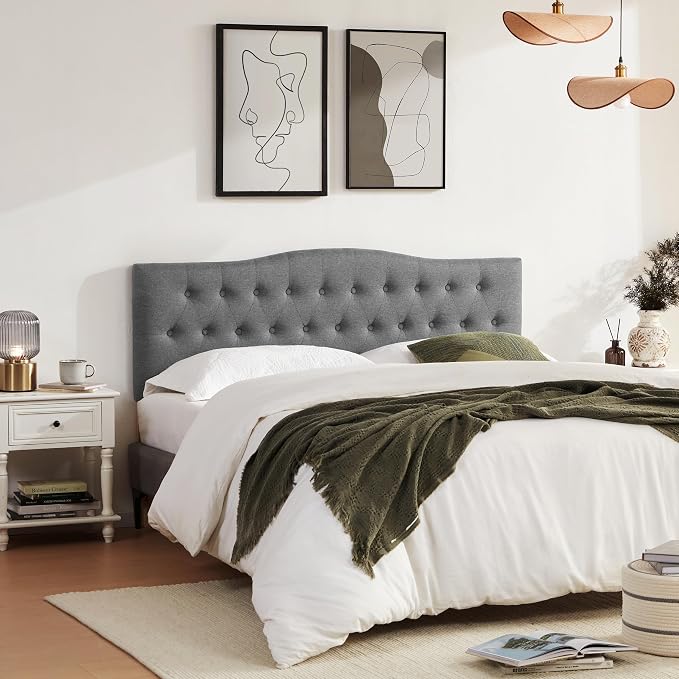 Tufted Headboard Full Size, Solid Wood Adjustable Height Head Board, Gray | Upholstered Full XL Headboard Only with Durable Solid Wood Legs, Adjustable Height 37-51 in, Fabric Button Diamond HeadBoards
