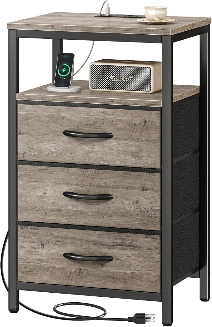 Huuger Nightstand with Charging Station, 27.6 Inch Bedside Table,Side Table | Night Stand with USB Ports and Outlets, End Table with Fabric Drawers, Night Stand with Charger Station, Oak